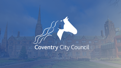 Shows the Coventry City Council logo with the Coventry City Council building as a background