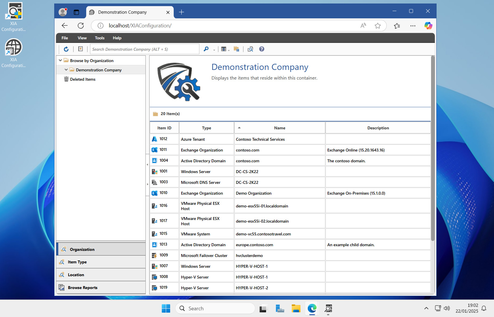 Screenshot of a Windows desktop with XIA Configuration Server open in a browser