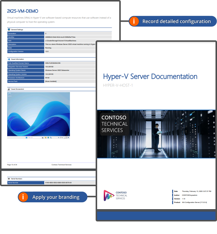 Screenshot of a Hyper-V server document with custom branding generated by XIA Configuration