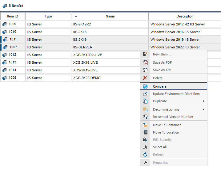 Screenshot showing two IIS servers selected in the XIA Configuration web interface