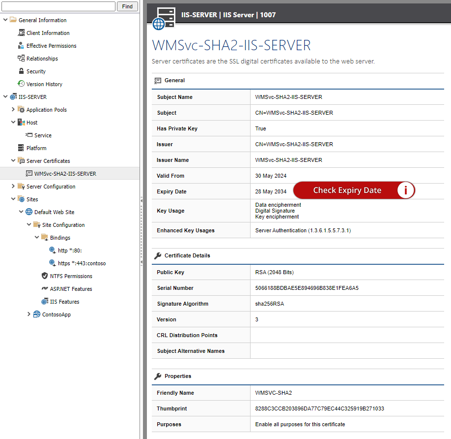 Screenshot showing IIS Server certificate expiry date in the XIA Configuration web interface