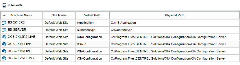 Screenshot showing the IIS Web applications detailed summary report in the XIA Configuration web interface