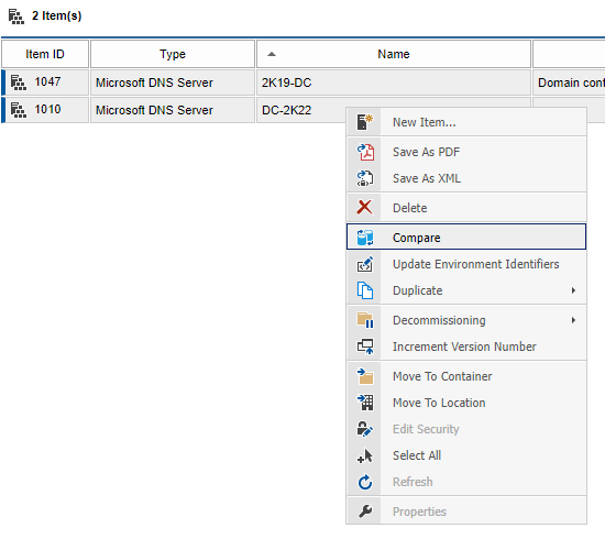 Screenshot showing two DNS servers selected with the right click menu open and Compare highlighted in the XIA Configuration web interface